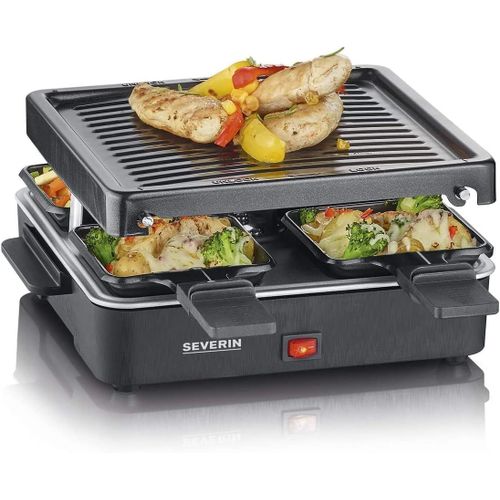 ASFASFq-SEVERIN Raclette Gril 4 pers., Compacte, Plaque Anti-adhésive 21 X 21 cm, Inclus 4 Poêlons, Revêtement Anti-adhésif, Noir, RG 2370