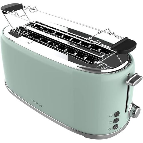 NouvelHorizonstore-Toast&Taste 1600 Retro Double Green 4-Slice Toaster. 1630 W, 2 Wide and Long Slots of 3.8 cm, Stainless Steel, Upper Heating Rods, Adjustable Power, Crumb Tray