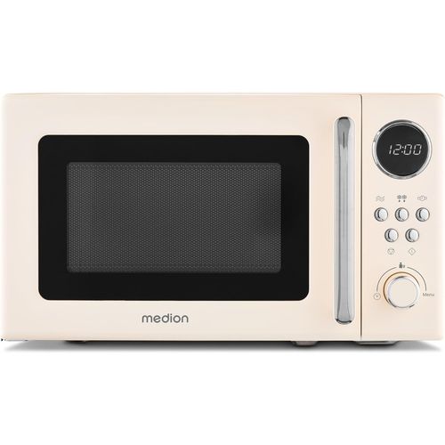 SUBZONAL-MEDION Micro-ondes rétro (20 litres, env. 800 watts, 5 niveaux de micro-ondes, 8 programmes automatiques, affichage numérique, fonction décongélation, compact, MD15000) beige