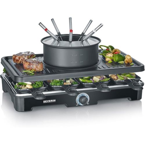 SUBZONAL-SEVERIN Appareil à Fondue et Raclette pour 8 personnes, Appareil à raclette 2 en 1 avec Plaque de cuisson et Service à fondue, Inclus 8 poêlons, spatules et fourchettes à fondue, Noir, RG 23