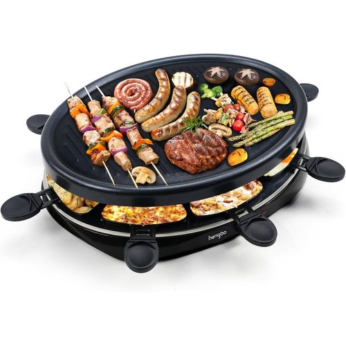 Appareil Raclette 8 Personnes Plancha Electrique Grill Thermostat Réglable avec 2 Spatules et 8 Poêlons Machine a Raclette Plaque de Cuisson de Table Revêtement Antiadhésif 1300W