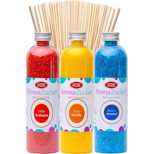 Hamiltion-Sucre Pour Barbe À Papa-3 X 230 G-Pour Machine À Barbe À Papa-Avec 50 Bâtonnets (Set 1 Fraise, Vanille, Chewing-Gum + 50 Bâtonnets)