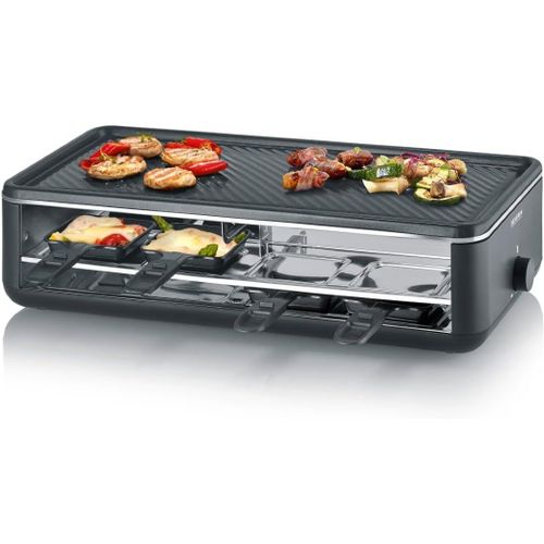ASFASFq-SEVERIN Appareil à raclette pour 8 personnes, Plaque de cuisson avec surface de cuisson rainurée 48 x 24 cm antiadhésive, Gril raclette 1 300 W, Noir, RG 2365