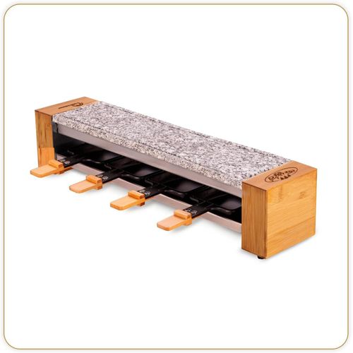 ASFASFq-8619 Raclette 4 Meuuh¿!, Raclette, Pierre à cuire, Pierre naturelle Granit, 2 fonctions en 1 seul appareil, 4 personnes, 4 spatules + 4 planchettes, 600 W, Bambou