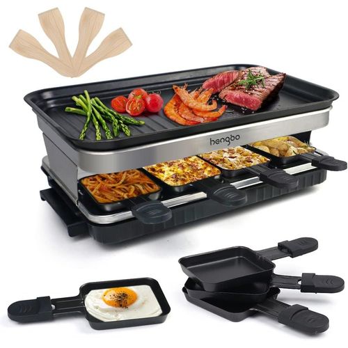 ASFASFq-Raclette Appareil Raclette Grill 4 6 8 Personnes Machine Fondue Electrique Raclettes 1500 W avec Anti-adhésives de Poignées 8 Mini Poêles, 4 Spatule en Bois