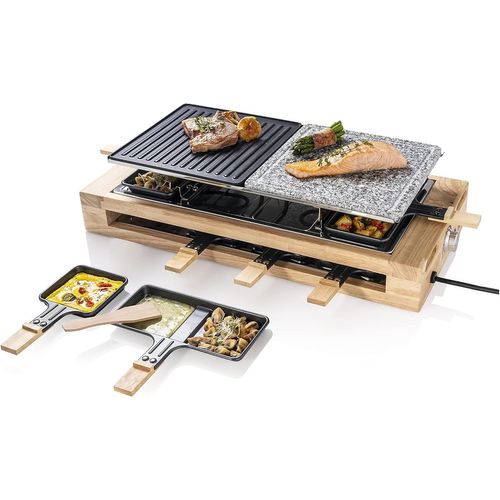 ASFASFq-Raclette grill XL, appareil à raclette électrique jusqu'à 8 personnes avec pierre naturelle et plaque de grill à revêtement antiadhésif, livré avec un grand set de poêlons, Couleur: Bois