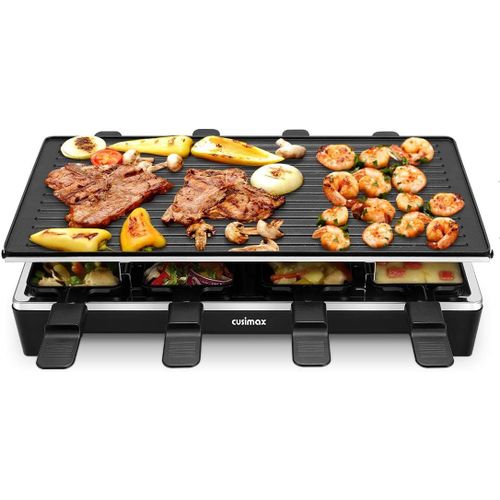 SUBZONAL-Cusimax 1500W Raclette Gril Alu Multifonction 8 Personnes, Poêles antiadhésif, Gril électrique, Appareil à Raclette, Plaque de cuisson Réversible, Thermostat réglable, CMRC-300, Noir