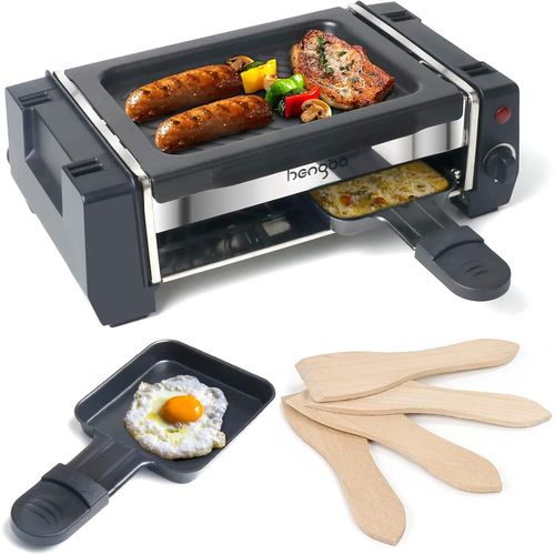 ASFASFq-Appareil Raclette 2 personnes Mini Grill Raclette avec 2 Poêlons à Raclette et 4 Grattoirs en Bois, Thermostat réglable, Revêtement Antiadhésif, 500W Cadeau Noel Homme Femme