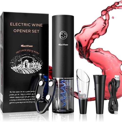 KALANKA-Tire Bouchon Electrique Rechargeable, Ouvre Bouteille Electrique 5 en 1 Coffret Tire Bouchon avec Coupe-Capsule Verseur de Vin et Bouchon à Vin Sous Vide pour Cadeau Homme Anniversaire Noel