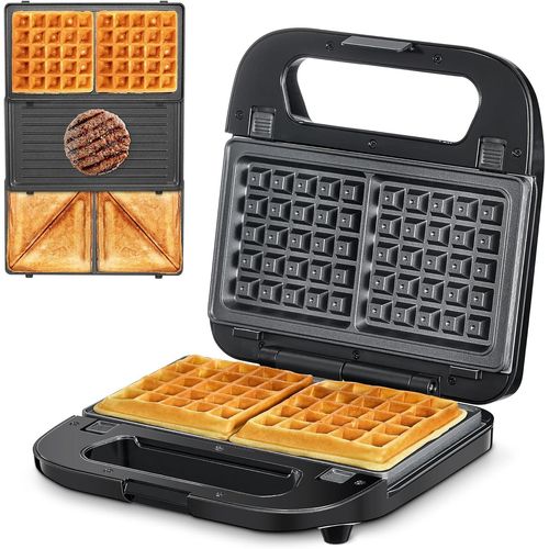 KALANKA-Croque Monsieur 3 en 1 [Grill, Gaufrier, Appareil à Croque-Monsieur], Plaques Amovibles Antiadhésives, 750W, Voyants LED, Sans BPA, Noir