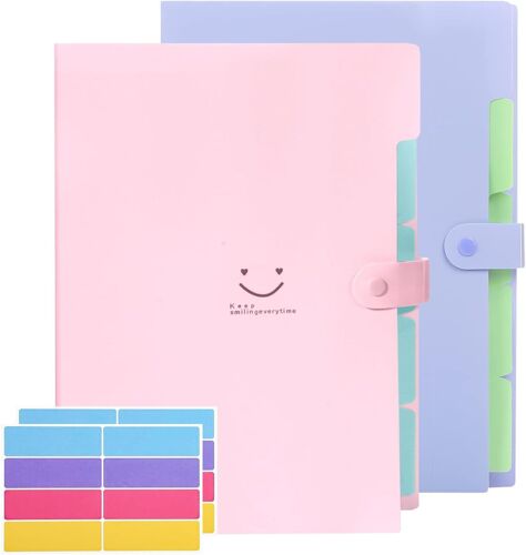 Lot De 2 Porte-Documents A4 Avec 5 Compartiments, Porte-Documents A4 Avec Étiquettes Et 2 Feuilles D'étiquettes Adhésives, Portable, Pour L'école, La Maison, Les Fournitures De Bureau