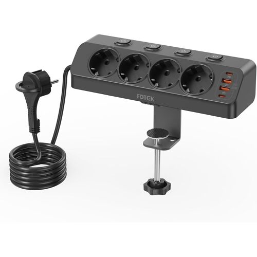 Prise de Table avec Interrupteur Individuel, PD 20W Multiprise 4 Prises, 2 Ports USB C+2 Ports USB A, Prise d'angle Protection Contre les Surtensions avec Câble de 2M pour la Maison et le Bureau
