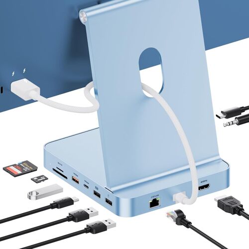 Amélioré Imac Hub Pour Imac M1/M3/M4, Accessoires Imac Avec Boîtier Ssd (Ssd Non Inclus), Hub Usb C Pour Imac 24 Pouces Avec Hdmi 4K@60Hz, 2,5 Gbe, Usb A/C 3.2 10 Gbit/S, Sd/Tf, Audio - Bleu