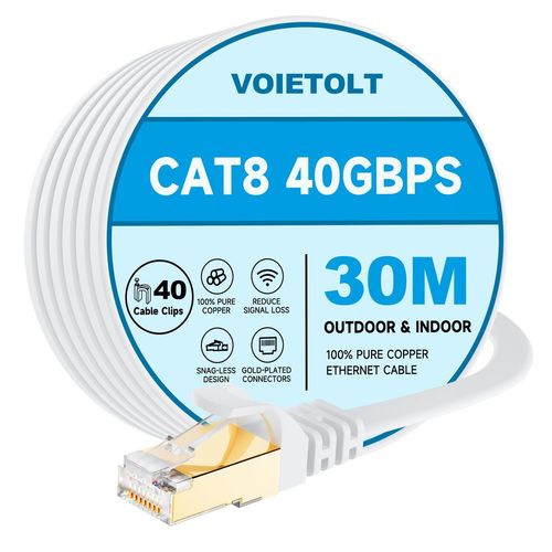 Cat8 Câble Ethernet 30M Avec Clips, 40Gbps/2000Mhz Haut Débit Gigabit Rj45 Lan Câble Réseau Internet, Cat-8 Plat Câble Patchblindé Robuste Pour Ps4/5 Ordinateur Modem Pc Tv \U2013 Blanc