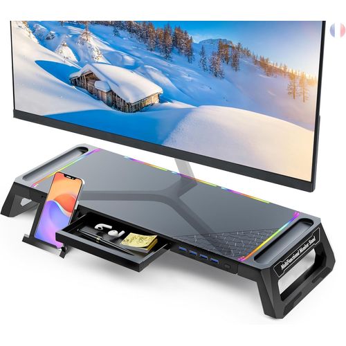 Support de Moniteur d'ordinateur de Bureau avec 4 Hub USB 3.0 et Lumière RVB, Rehausseur d'écran Pliable avec Tiroir de Rangement, Support de Téléphone et Porte-Plume pour PC/Laptop/iMac-Noir