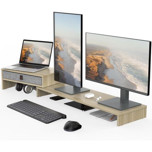Réhausseur d'Écran en Bois,Support de Moniteur Réglable,Support d'Ordinateur Portable,PC,TV,Imprimante - pour 2 Moniteurs - avec Tiroir de Stockage,78,3¿113 x 23,5 x 7,3 cm (Marron)