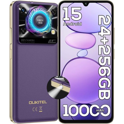 SUBZONAL-C60 Pro Telephone Portable Android 15-24GO RAM256GO ROM, Smartphone Pas Cher 10000mAh/18W, Écran 6.88 HD 90Hz, Téléphone Gaming 110dB Haut-Parleur, 120 Lumens/4G Dual SIM/NFC/GPS,Violet