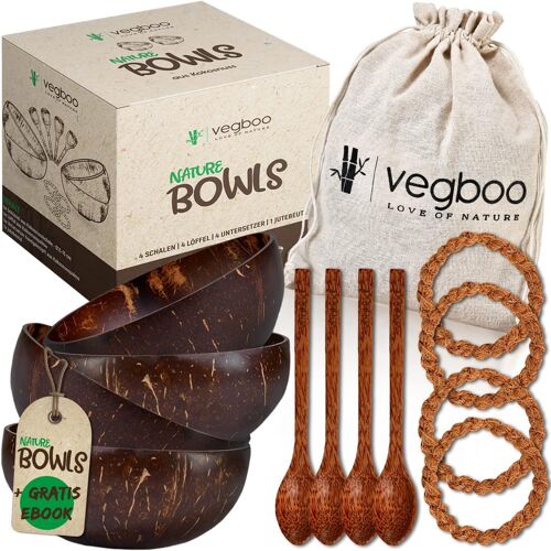 Lot De 4 Bols En Noix De Coco Avec E-Book & Accessoires-Vegane Durable Bol En Noix De Coco-Fabriqué À La Main Idéal Comme Bol À Céréales,Végétalien,Acaï Et Smoothie