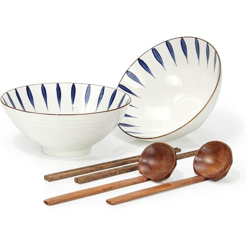 2 Ensembles Bols De Ramen Japonais,Baguettes Et Cuillères 1000ml Bol Soupe Profonde Ensembles (6 Pièce),For Céréales Salade Riz Dessert Tapas Pâtes Udon (A)