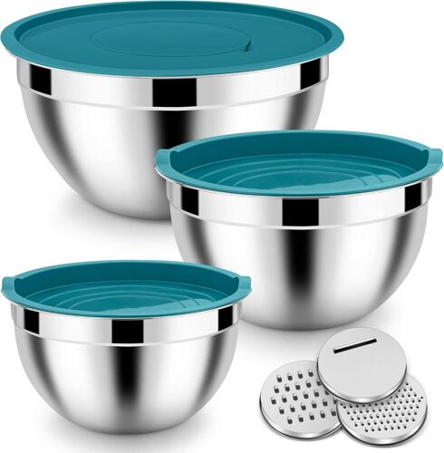 Lot De 3 Saladiers En Acier Inoxydable Avec Couvercle Hermétique Et 3 Embouts De Râpe Pour Mélanger-1,6 L/2,8 L/4,6 L-Empilables-Bleu