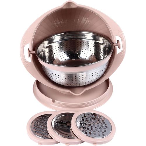 Passoire 4 En 1,Outils De Tranchage,Passoire En Acier Inoxydable,Panier De Lavage En Plastique,Bol À Mélanger,Trancheuse De Légumes,Passoire À Fruits De Cuisine,Bol Rose (Pink)