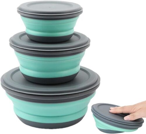 Lot De 3 Bols Pliables Avec Couvercle-Pour Le Camping,La Randonnée,La Cuisine,L'école En Plein Air-Vert