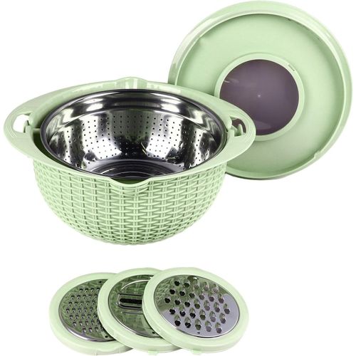 Passoire 4 En 1,Outils De Tranchage,Passoire En Acier Inoxydable,Panier De Lavage En Plastique,Bol À Mélanger,Trancheuse De Légumes,Passoire À Fruits De Cuisine,Bol Rose (Green)