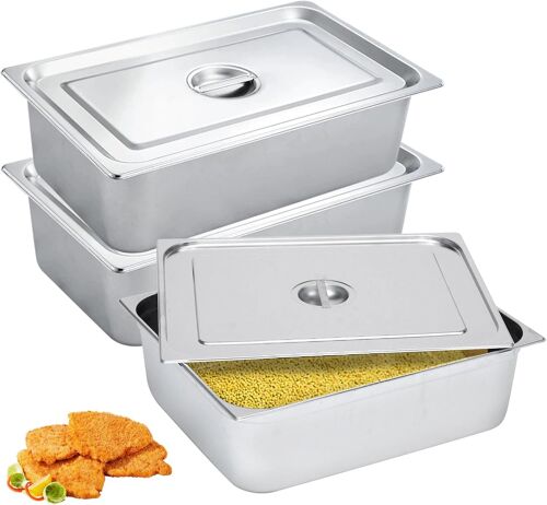Jexnovashop-Lot De 3 Plats À Panure En Acier Inoxydable, Bac Gastro Inox, Bols A Panure Avec Couvercle, 32,5 X 17,5 X 6,5 Cm, Pour Fruits Et Légumes, Cuisine De Restaurant Gril Gâteaux