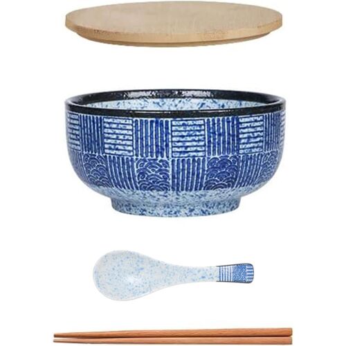 Bol À Ramen Japonais Grand Bol À Soupe Avec Cuillère À Couvercle,Bol À Ramen En Céramique Vintage,Bols À Salade,Bol À Nouilles Instantanées-900 Ml (Rayures)