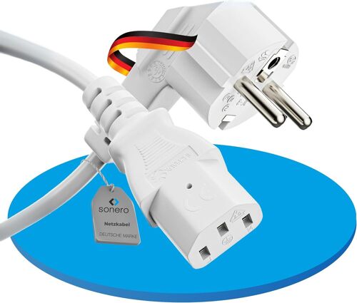 sonero Câble d'alimentation 3 Broches - 2 m - Contact de Protection coudé à 90° - Fiche d'alimentation vers Prise Femelle C13 - Câble d'alimentation pour écran, imprimante PC - Blanc