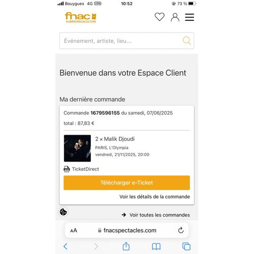 Je Vends 2 Places Pour Le Concert De Malik Djoudi À L’Olympia, Suite À Un Empêchement 