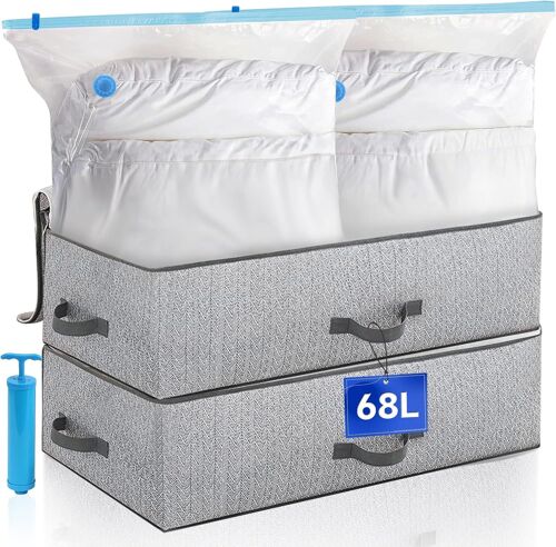 JEXNOVASHOP-Kit de Sac de Rangement Vetement, Lot de 2 Sacs Sous Vide Vetements, 2 Boîtes de Rangement sous Lit, 1 Pompe à Main, Housse de Rangement Sous Vide pour Couettes Vêtements, Organisateur de