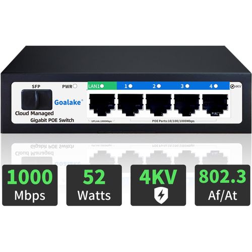 meimie-6 Port Gigabit Poe+ Switch,Cloud Managed Gigabit Ethernet Switch,4 Poe Port @52W,1*1.25G Sfp Port,App Smart Managed,Cloud Detection,Vlan,Ai 250M,802.3Af/At,Overload Protection W/ Port
