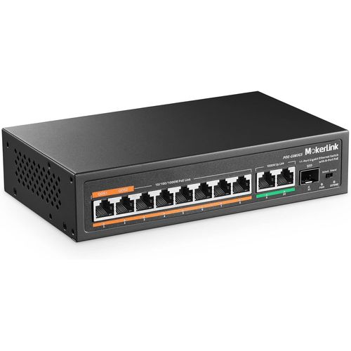meimie-11 Ports Poe Gigabit Switch Avec 8 Ports Poe+,2 Gigabit Uplink,1 Sfp Port,Détection Ai 120W,Qos,Commutateur Réseau Plug & Play Métal Sans Ventilateur