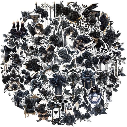 Meimie-50pcs Autocollant Rose Noir,Roses Noires Vintage Autocollants Pet Esthétiques Floraux Foncés Pour Scrapbooking Ordinateur Portable Téléphone Journal Intime Femmes Et Adultes