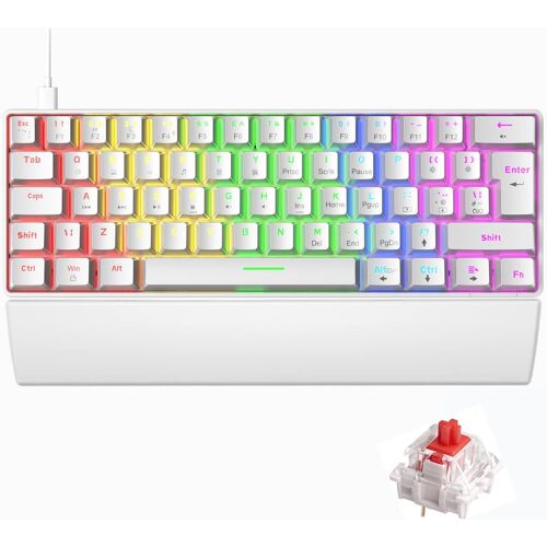 60% Clavier de Jeu Mécanique & Repose-poignet,Compact Mini 62 Touches,FilaireType-C Gamer Keyboard+Ergonomic Wrist Rest,19 RGB Rétroéclairé,QWERTY UK (Interrupteur Rouge) pour PC Mac-Blanc