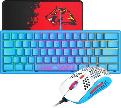UK Layout Wired Peigne 62 Touches Clavier De Jeu RGB Rainbow Light Sculpture Laser 10 Chroma RGB 12000DPI Silent Respirant Honeycomb Shell Mouse + Tapis De Souris pour PC Gamer (White)