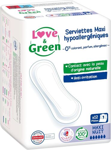 Serviettes Hygi¿¿Niques, ¿¿Cologiques Et Hypoallerg¿¿Niques - Certifi¿¿Es Ecolabel Et Dermatest - ""Maxi Nuit"" X 12 : Sans Colorant, Parfum, Allerg¿¿Nes (Lot De 2x12) 