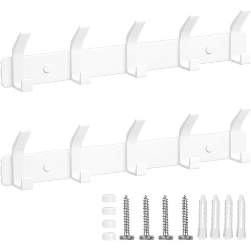 Porte Manteau Mural Lot de 2, Patères Porte Manteaux Crochet Mural Antirouille avec 5 Crochets, Patère Murale Porte-Manteau pour Cuisine, Salle de Bain et Chambre, Blanc
