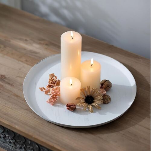 KALANKA-Plateau Décoratif Rond Métal: Blanc Plateau Bougies pour Centre de Table Basse - Moderne Supports pour Bougies Piliers Plateau Service pour Salon Salle à Manger Cuisine Comptoir Salle de Bain