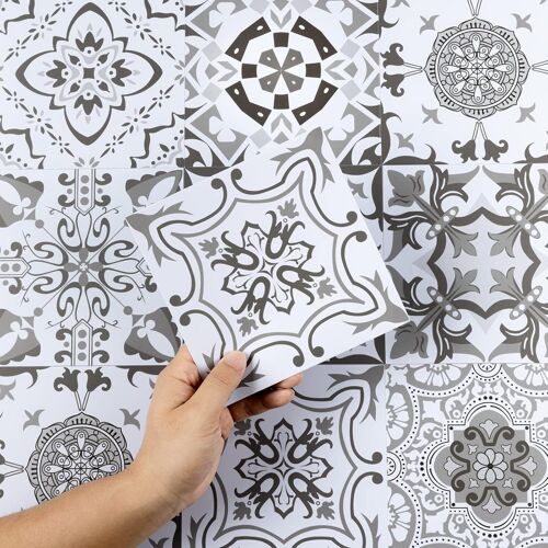KALANKA-Credence Adhesive Pour Cuisine, Stickers Muraux Carrelage Adhesif Mural Salle de Bain, Autocollant Carreaux Adhesif Deco Cuisine, Gris et Blanc, 50 pieces, 15x15 cm