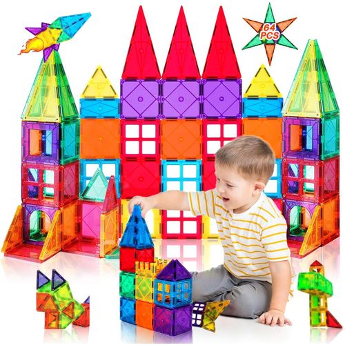 KALANKA-Blocs Construction Magnétiques 64 pièces Jeux Éducatifs Cadeau pour Garçons et Filles -3D Jouets Plus Forts Jouets de Construction Puzzle Magnetique Enfant 3456789