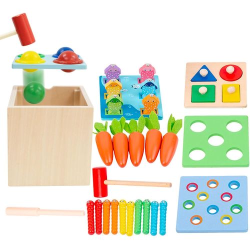 ERYI-5 En 1 Montessori Boisjouets Pour 1 2 Ans, Martelant Le Martèlement Jouet De Pêche Jeu Carotte Récolte Jouet Forme Trieur Bug Attraper Jeu Cadeaux Pour Garçons Filles Tout-Petits 2 3 4 Ans