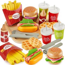 ERYI-Jouets De Dinette En Bois Enfant 3 4 5 Ans, Accessoires De Cuisine En Bois Avec Hamburger, Jeu De Rôle Cadeau Éducatif Pour Garcon Fille