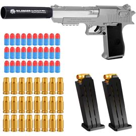 ERYI-Pistolet Jouet,Desert Eagle Pistolet Avec Balles Souples,Eva Mousse Jouet Blaster,Pistolet À Balle Molle,Avec Balles Souples Et Chargeur,Pour 6+ Cadeaux Pour Enfants (Argent)