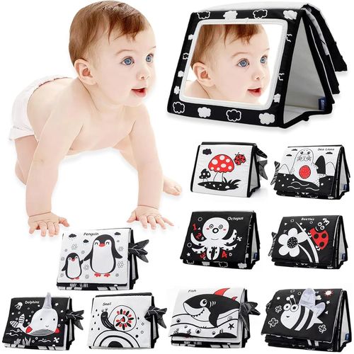 ERYI-0-6 Mois Jouet Bébé, Jouet Miroir Pliable Bébé Avec, Miroir Eveil Montessori Noir Et Blanc Jouets Sensoriels, Adaptés Naissance Fille Garcon Bebe -Livre D'Éveil Pour Bébé