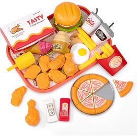 ERYI-Jouet Aliment Cuisine Enfant, 40 Pièces Hamburger Jouets Alimentaires Avec Pizza, Frites, Poulet Frit Et Plateau, Jeux D'Imitation Éducatif Cadeau, Jeu De Rôle Pour Fille Garçon 3 4 5 Ans