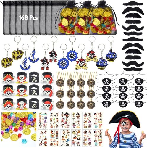 MEVRONISSHOP-168Pcs Cadeau Anniversaire Pirate Enfants, 12 x Sac, 48 Diamants & 36 Faux Moustache Tatouage Jouet Fête, Kit Pirate Garçon