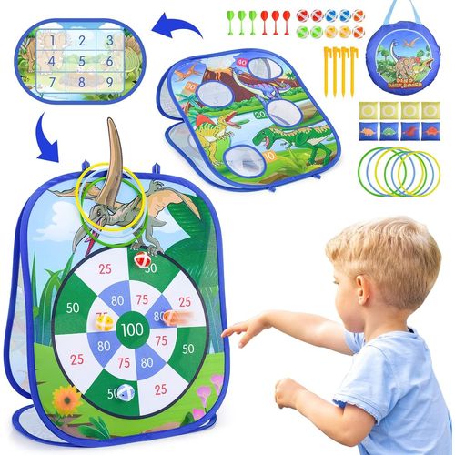 ERYI-5 En 1 Jeu De Fléchettes, Bean Bag Toss Game, Morpion, Jeu De Pitching Et Jeu De Lancer D'Anneaux, Jouet De Fête Intérieurs Et Extérieurs Garçon Fille Et Adulte