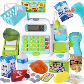 ERYI-Caisse Enregistreuse Jouet Pour Enfants, Vraie Calculatrice, Scanner Son Et Lumière, Supermarché Dinette Caisse Enregistreuse Enfants Cadeaux De Anniversaire Pour 3 Ans, Bleu, 25X12X16Cm
